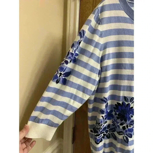 Talbots Womens Blue & White 3/4 Sleeve Striped Floral Knit Sweater Plus Size 1X - Picture 4 of 9
